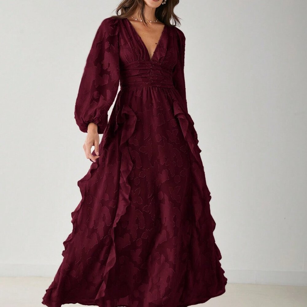 Burgundy Elegant Women's V-Neck Lantern Sleeve Flounce Hem Maxi Dress